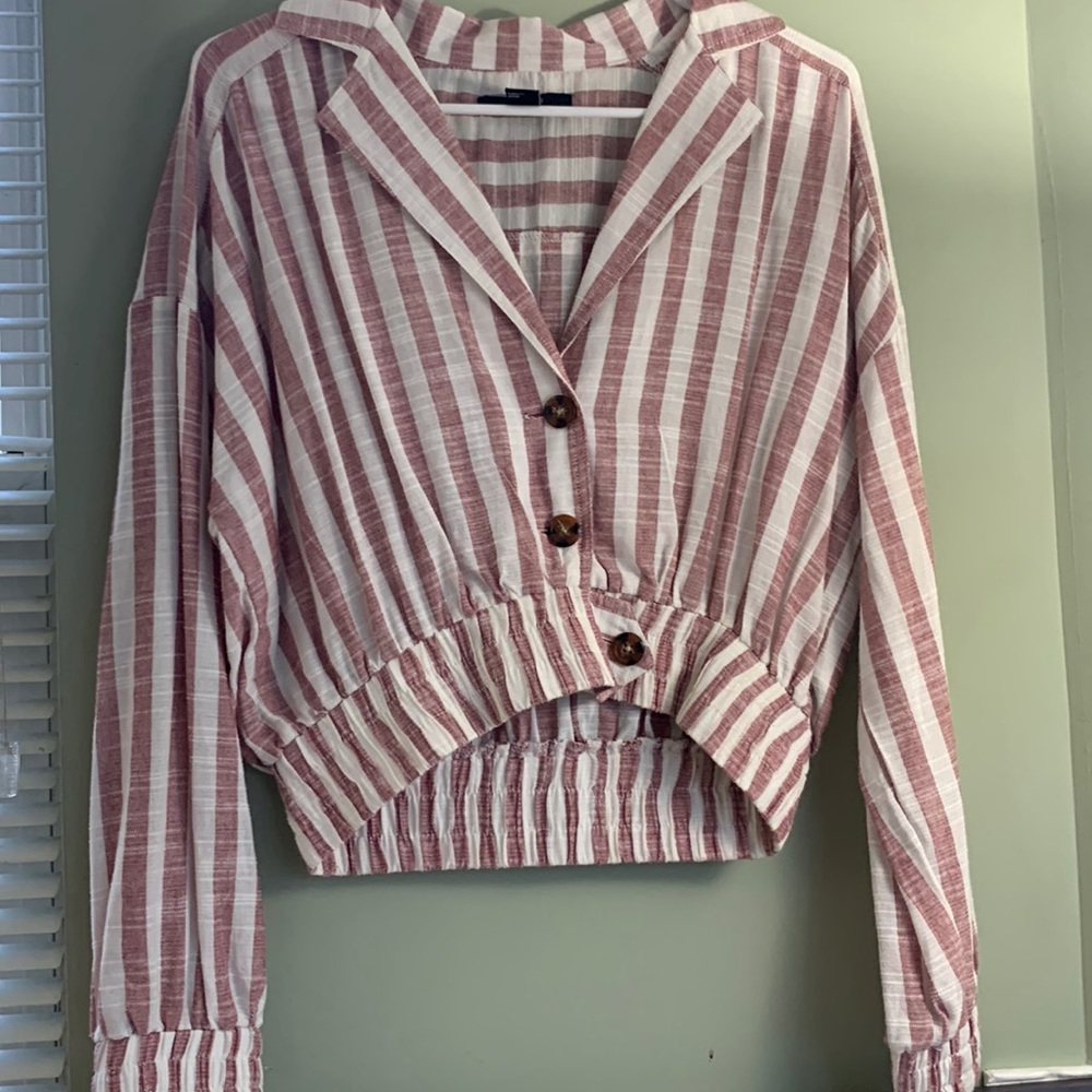 Pink white stripe cropped collar top